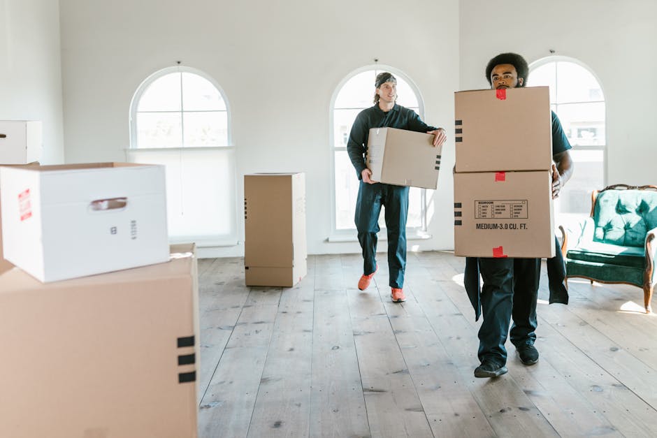 Two individuals, a woman and a man, are engaged in packing books for a home relocation. The woman is holding a small stack of books, while the man is passing her a single book wrapped with elastic ban