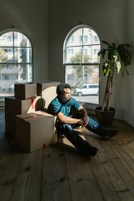A man with curly hair and a beard, dressed in a blue t-shirt and dark trousers, sitting on a wooden floor in a room with two large arched windows. The room is illuminated by natural daylight, revealing a cityscape outside with buildings and trees. Several cardboard boxes, some stacked and secured with red tape, are placed next to him, indicating packing for a home relocation. A tall potted plant with large green leaves stands nearby, adding a touch of greenery to the interior. The scene depicts a moment during a furniture and packing process, possibly part of a house removal or moving service by Removals Harrow, with a focus on the interior environment and the logistics involved in loading and transporting belongings.